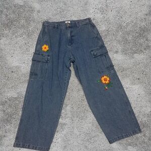 Obey Cargo Jeans Floral Embroidery Baggy Y2K Size 34